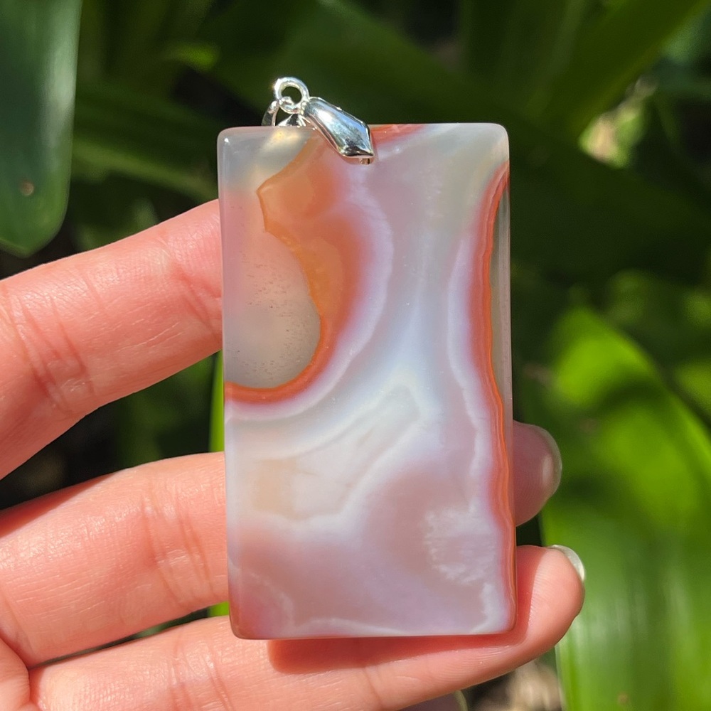 Silver plated unique large rectangular banded agate pendant 1310